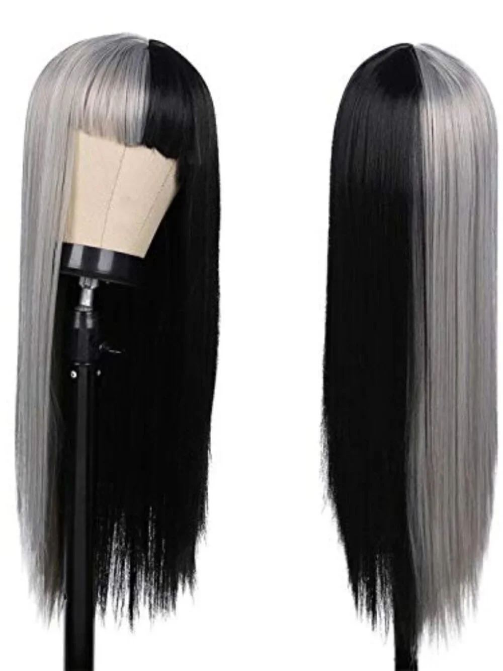 Half Grey Half Black Wig for Women Long Straight Hair with Bangs Soft Natural‎